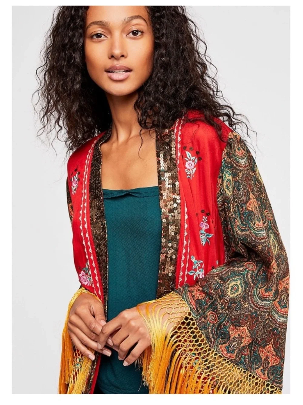 Free People Embroidered Fringe Kimono